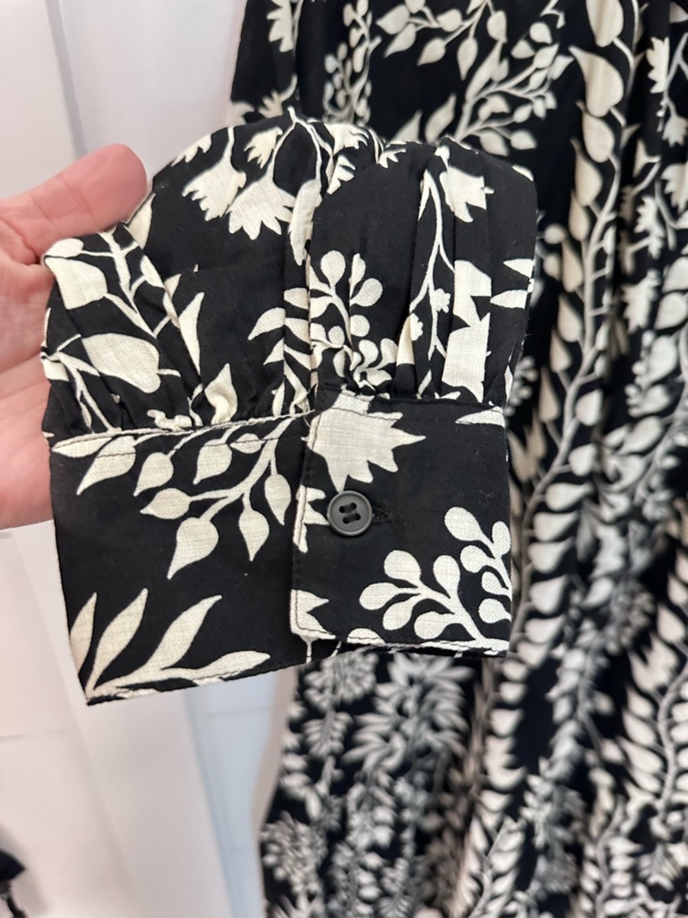 NWT H&M XL cotton black-white floral button long sleeve midi A-Line ruffle dress - Picture 9 of 16